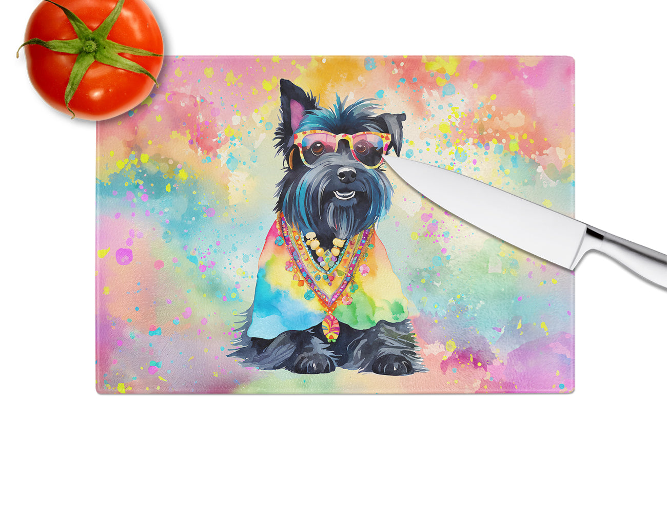 Scottish Terrier Hippie Dawg Glass Cutting Board