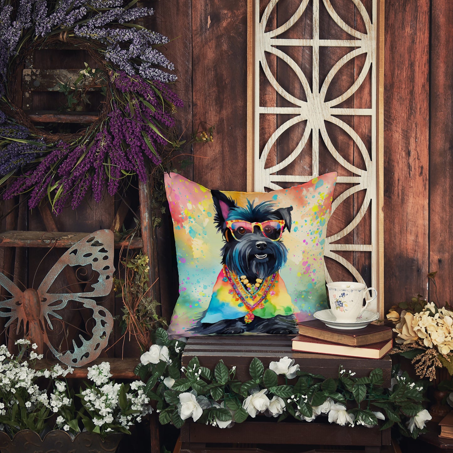 Scottish Terrier Hippie Dawg Throw Pillow