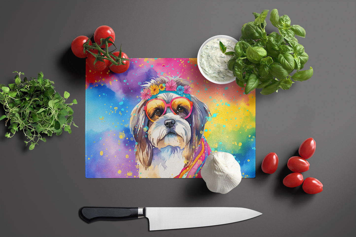 Shih Tzu Hippie Dawg Glass Cutting Board