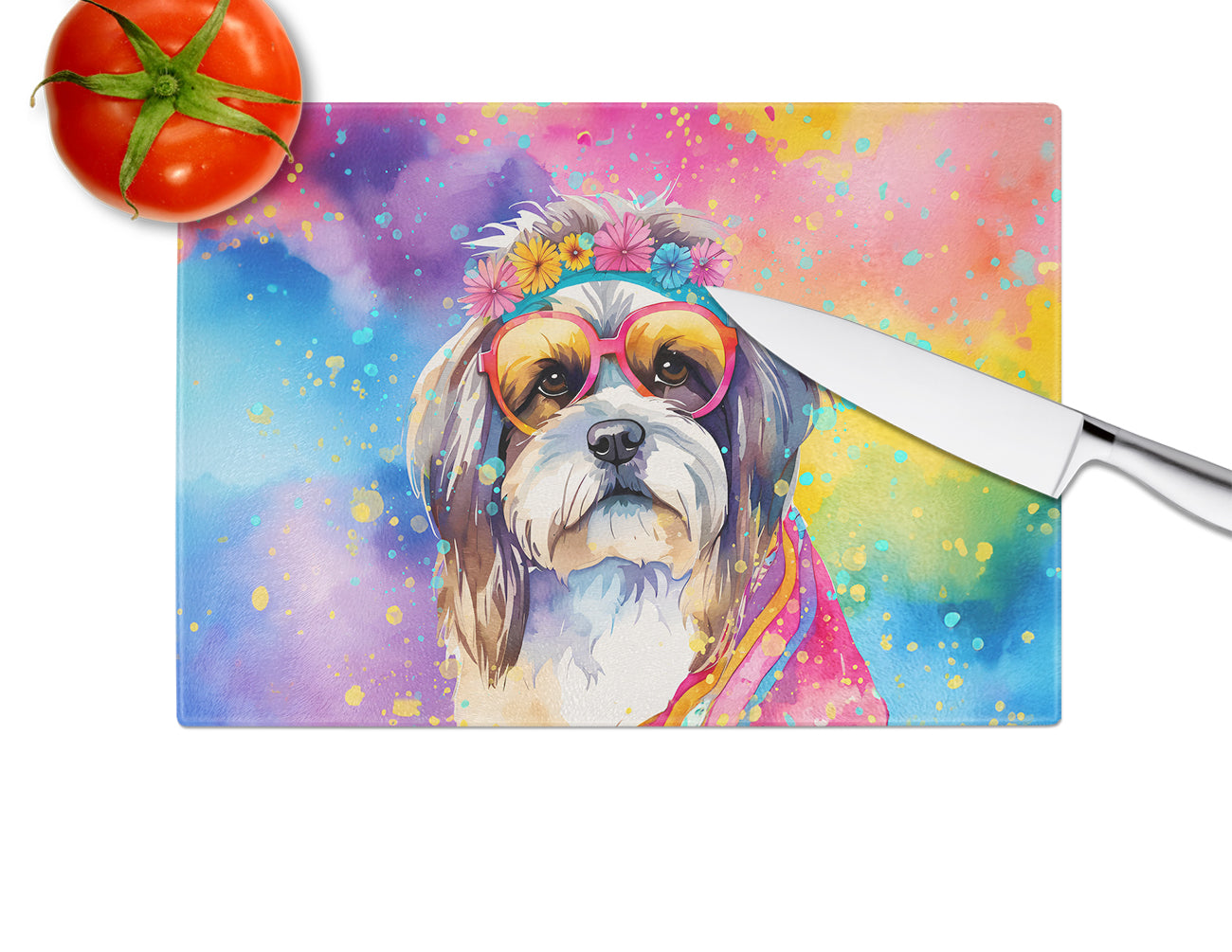 Shih Tzu Hippie Dawg Glass Cutting Board