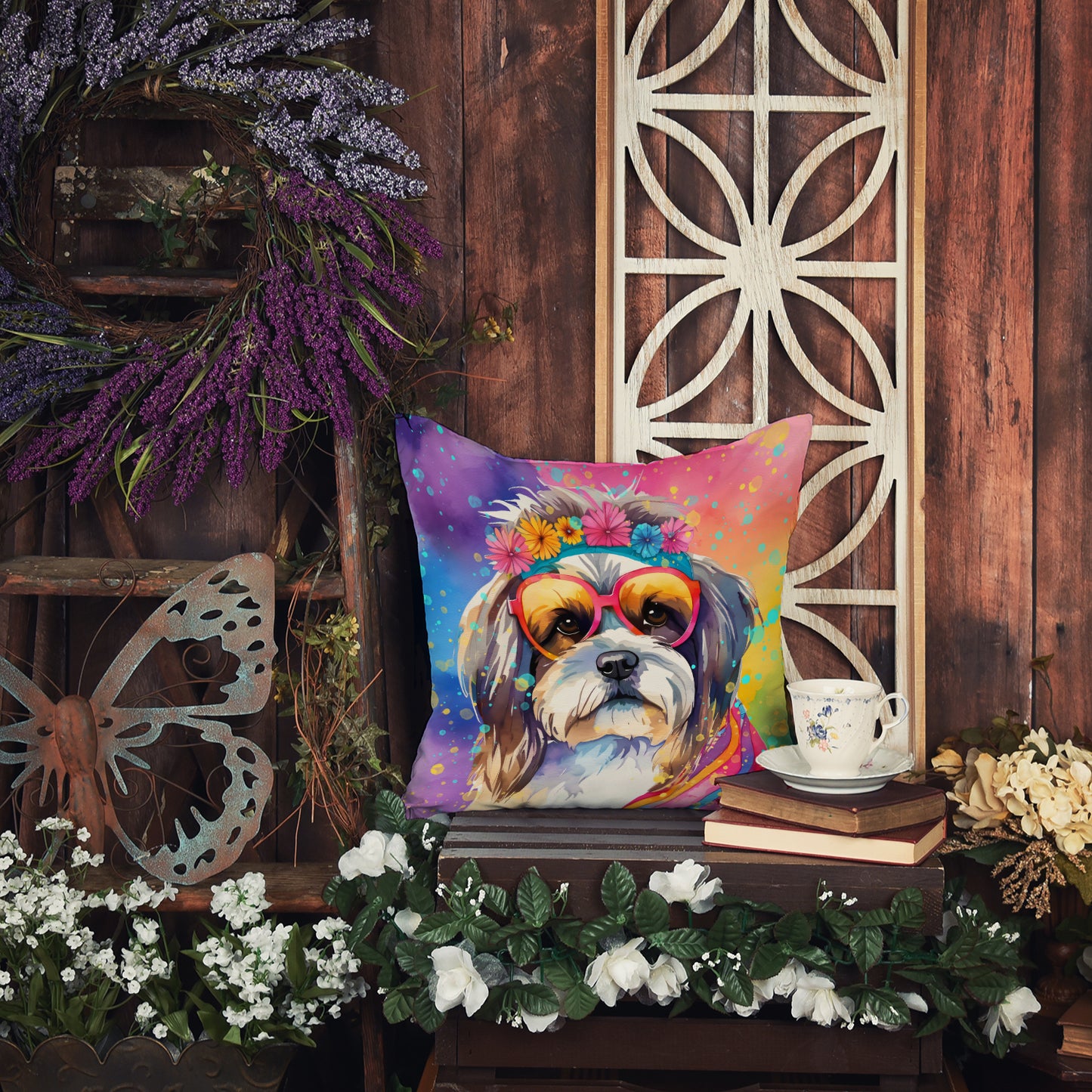 Shih Tzu Hippie Dawg Throw Pillow