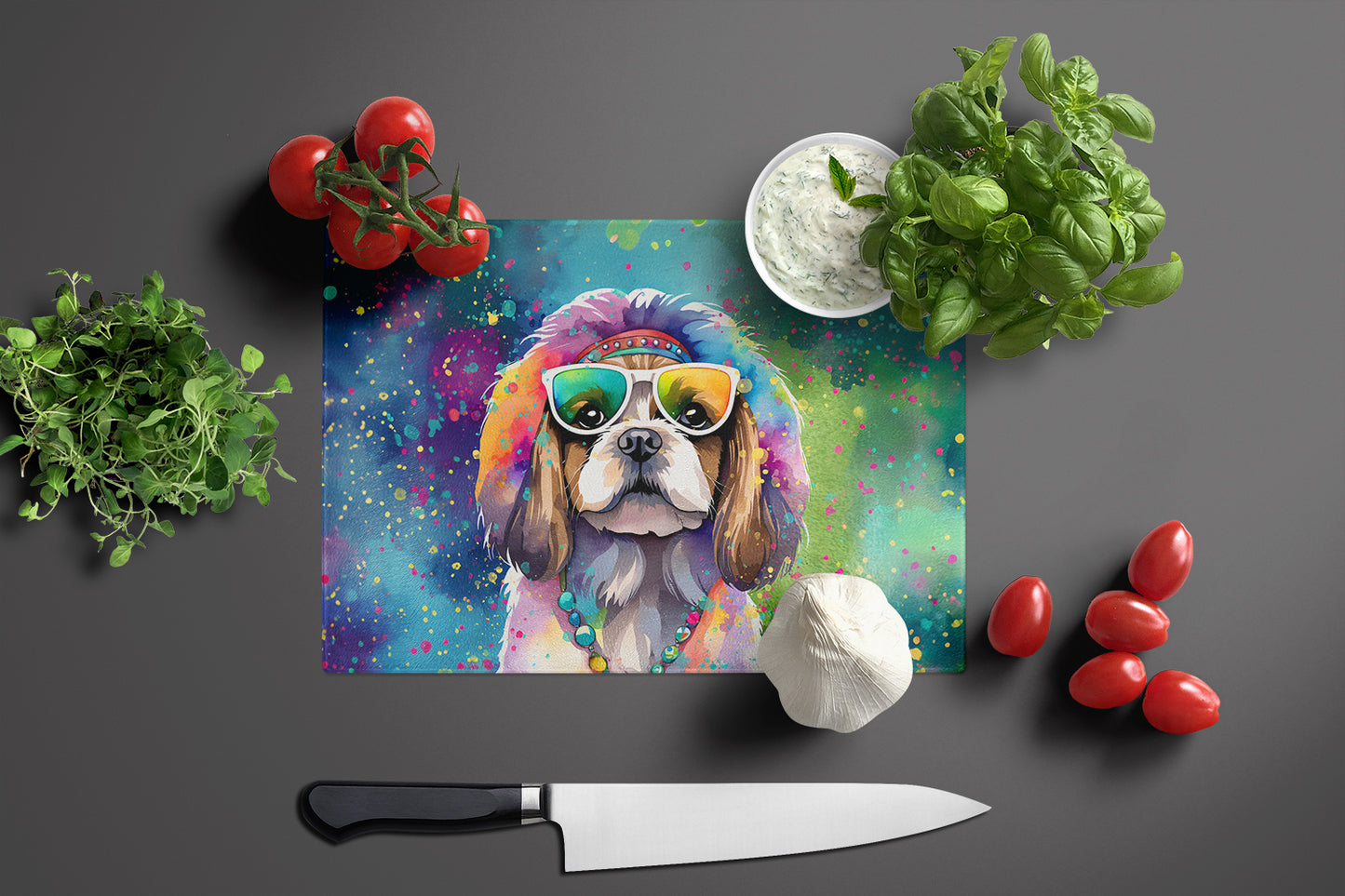 Shih Tzu Hippie Dawg Glass Cutting Board