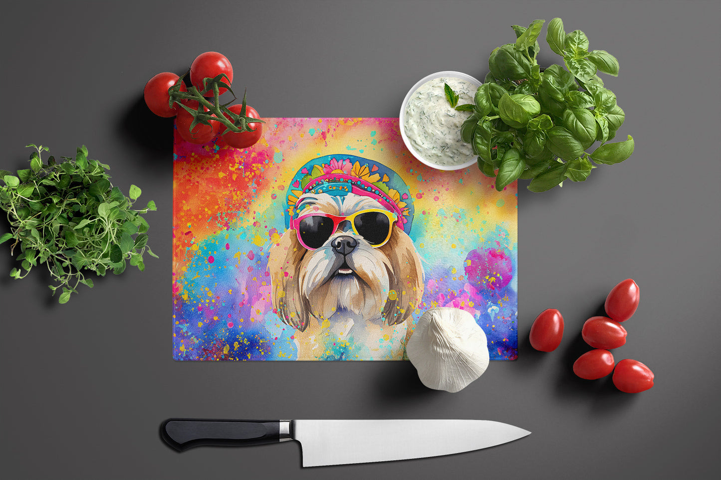 Shih Tzu Hippie Dawg Glass Cutting Board