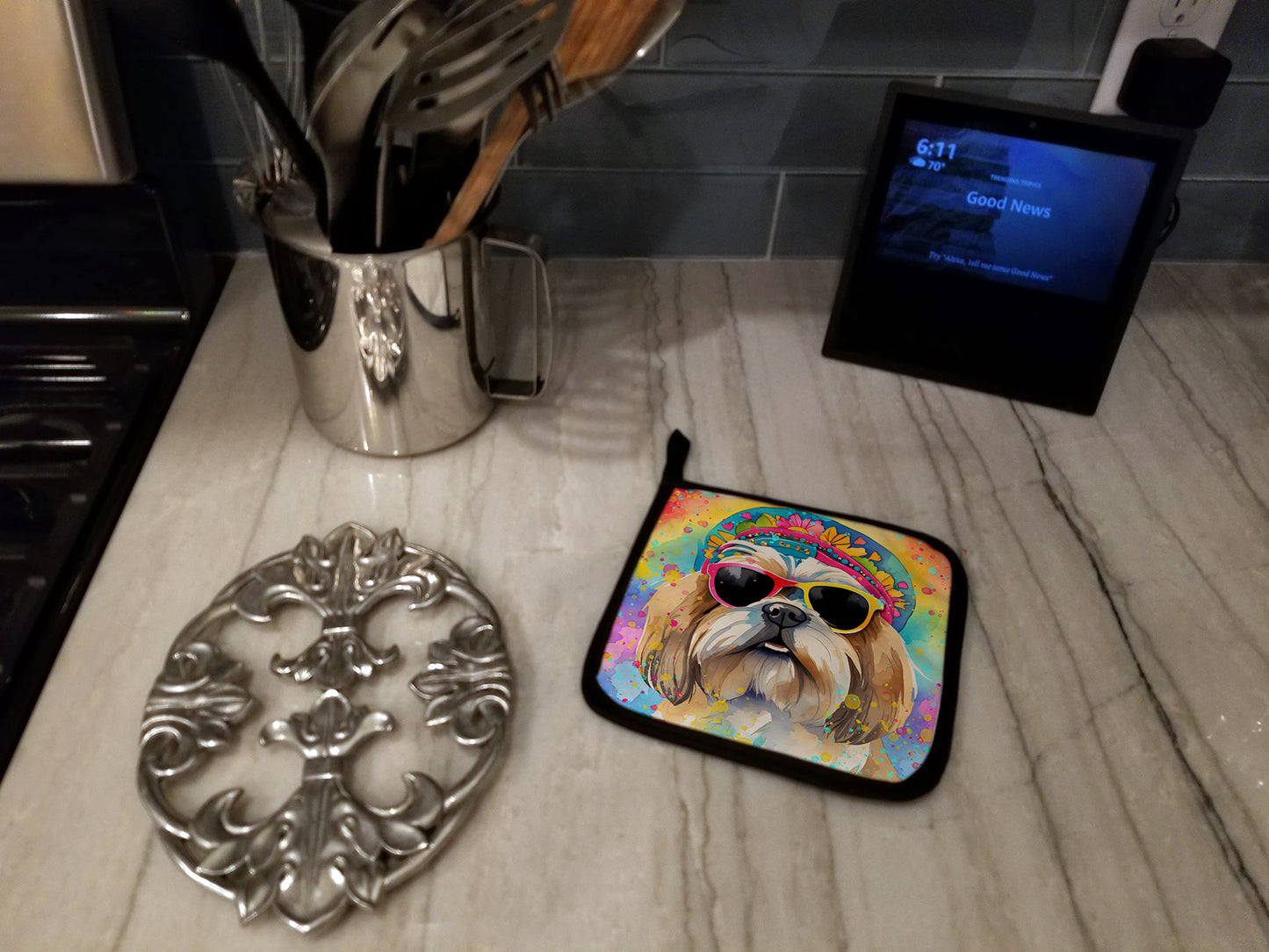 Shih Tzu Hippie Dawg Pair of Pot Holders