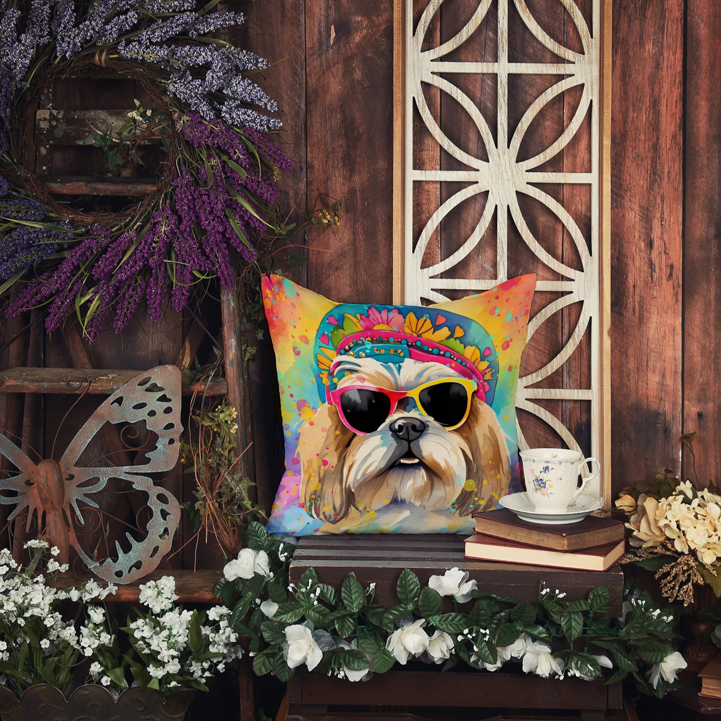 Shih Tzu Hippie Dawg Throw Pillow