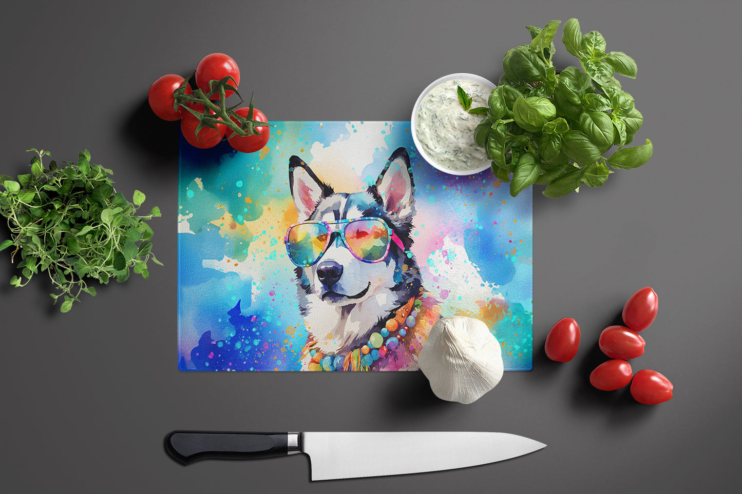 Siberian Husky Hippie Dawg Glass Cutting Board