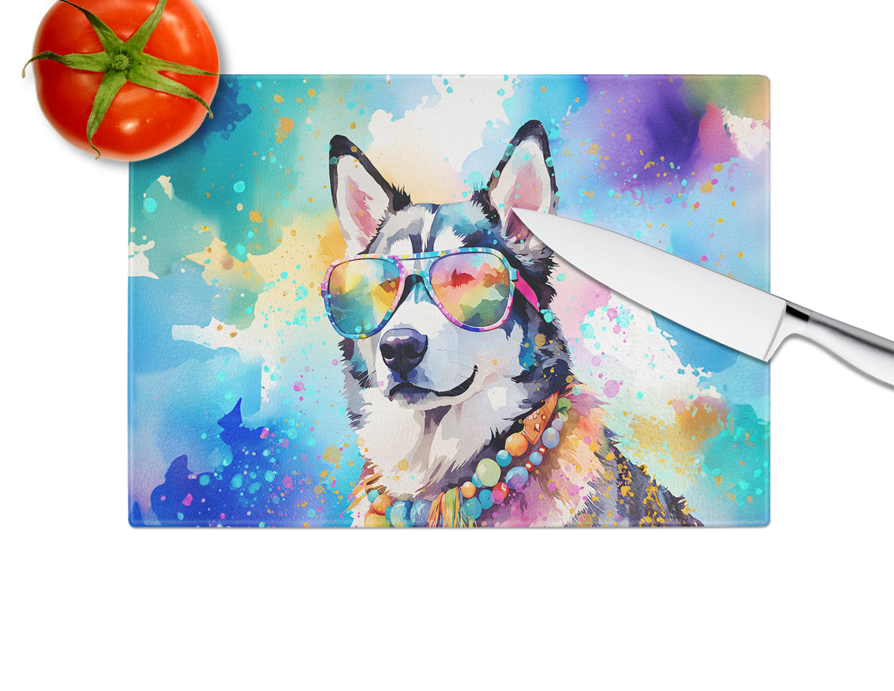 Siberian Husky Hippie Dawg Glass Cutting Board