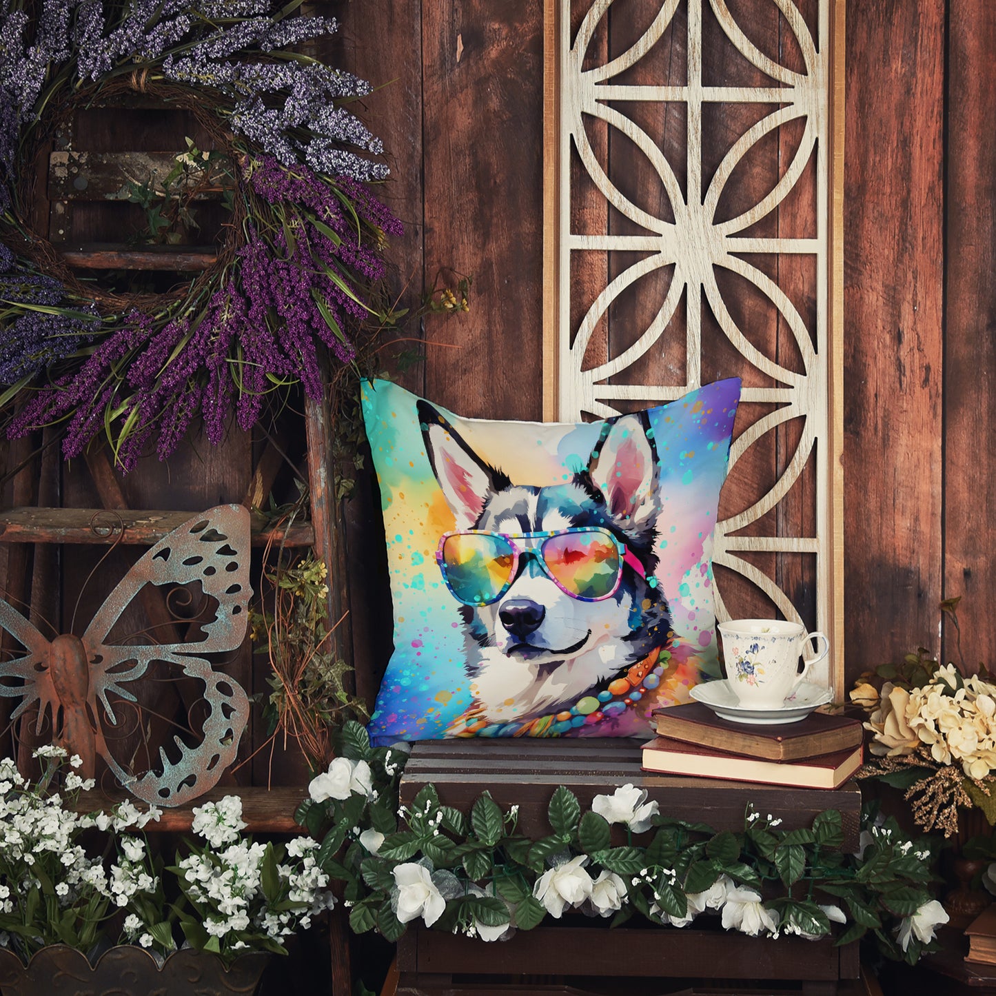 Siberian Husky Hippie Dawg Throw Pillow