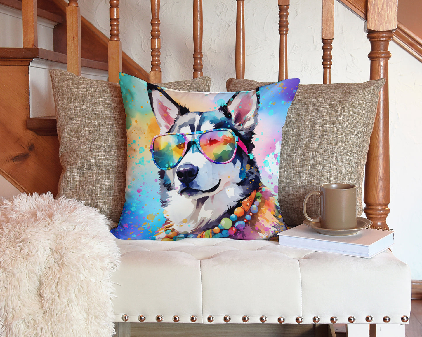 Siberian Husky Hippie Dawg Throw Pillow