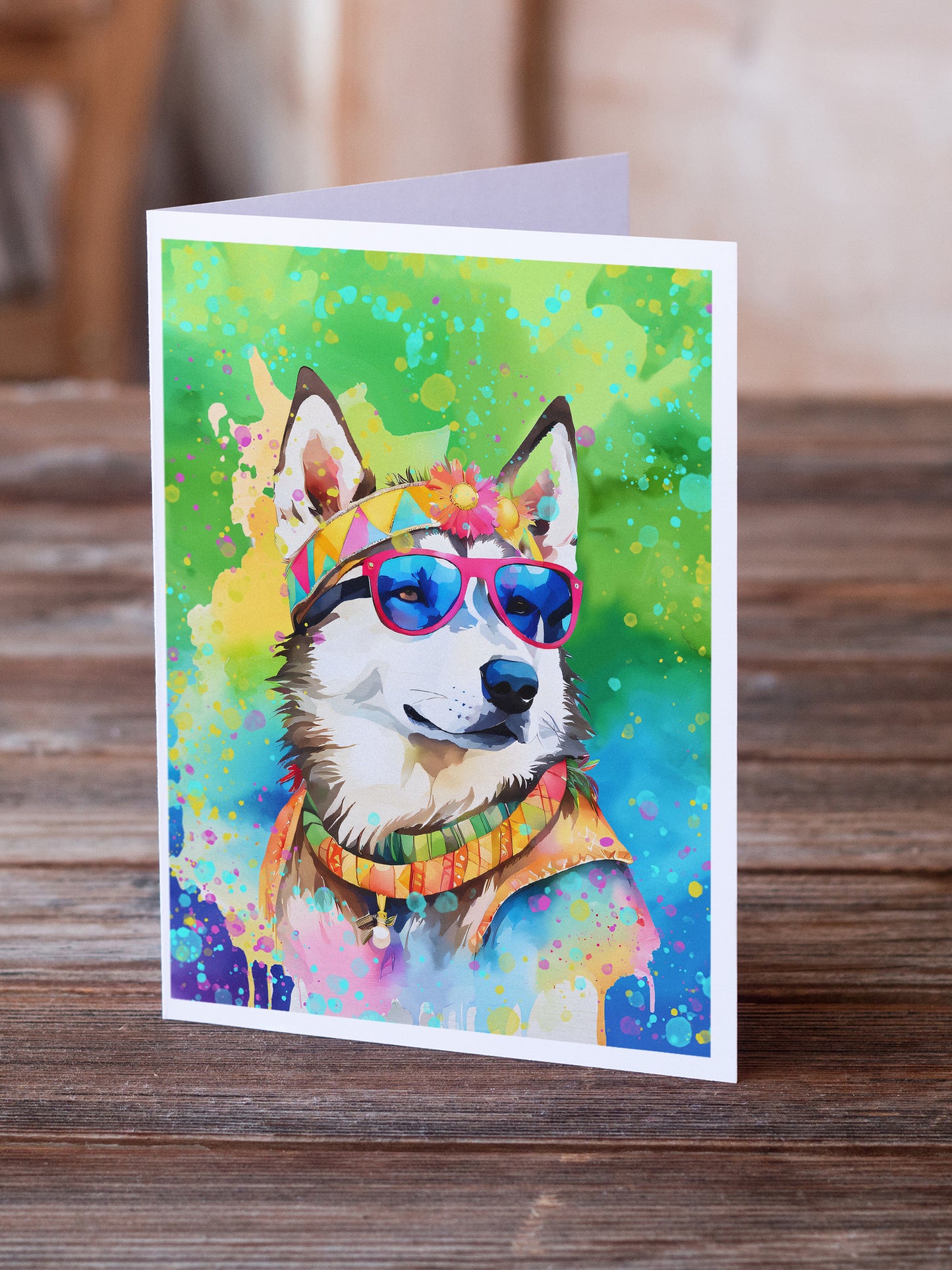 Siberian Husky Hippie Dawg Greeting Cards Pack of 8