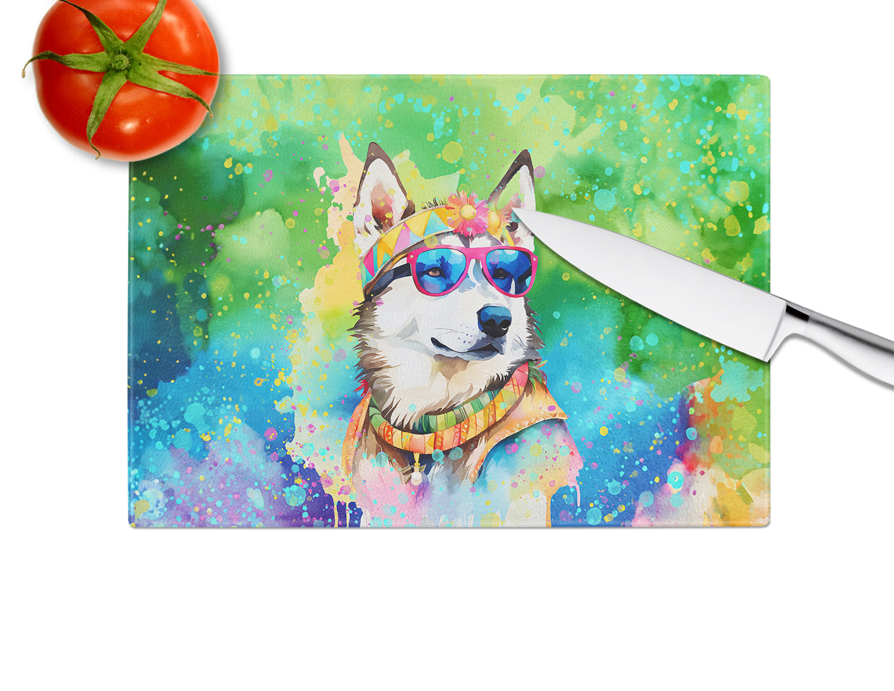Siberian Husky Hippie Dawg Glass Cutting Board