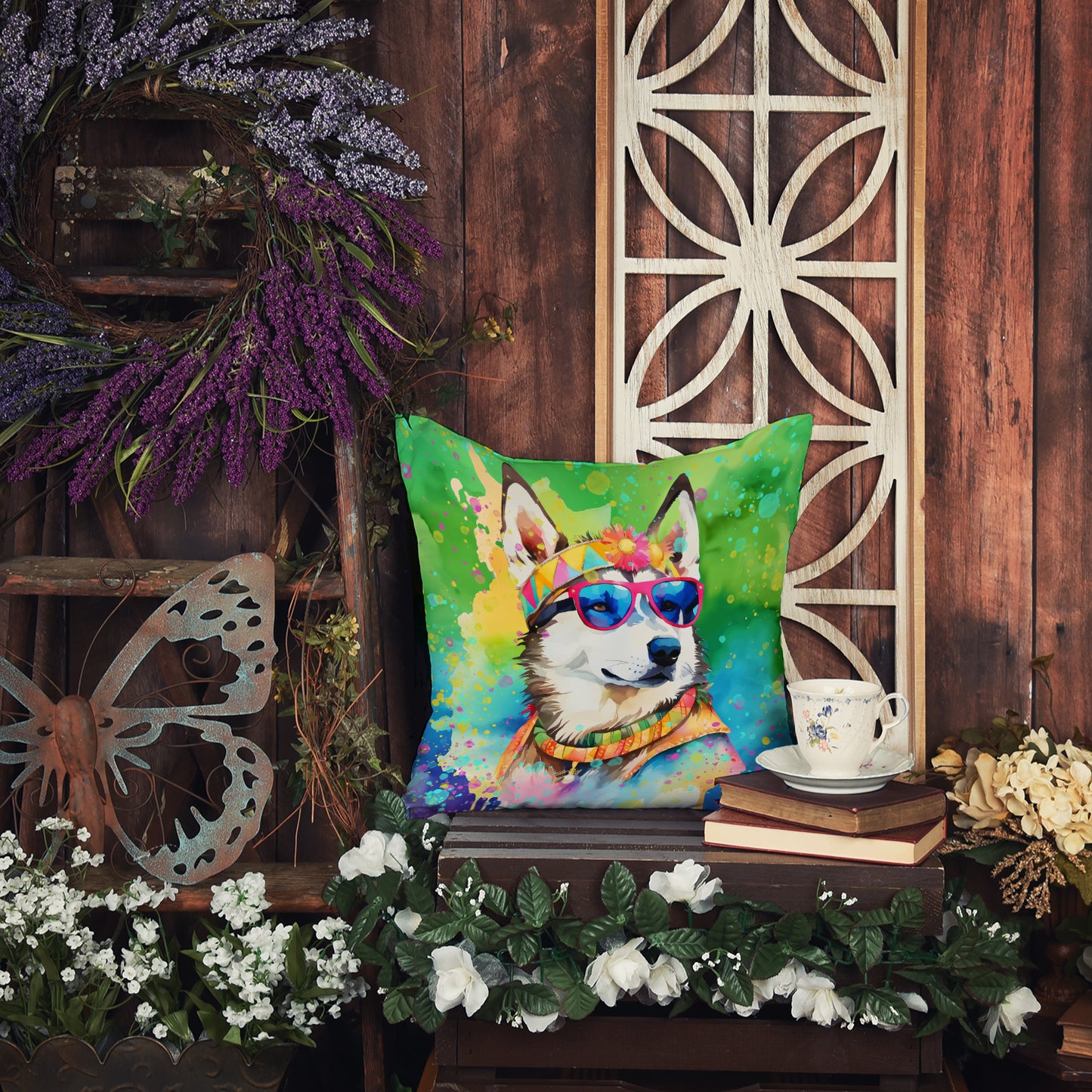 Siberian Husky Hippie Dawg Throw Pillow