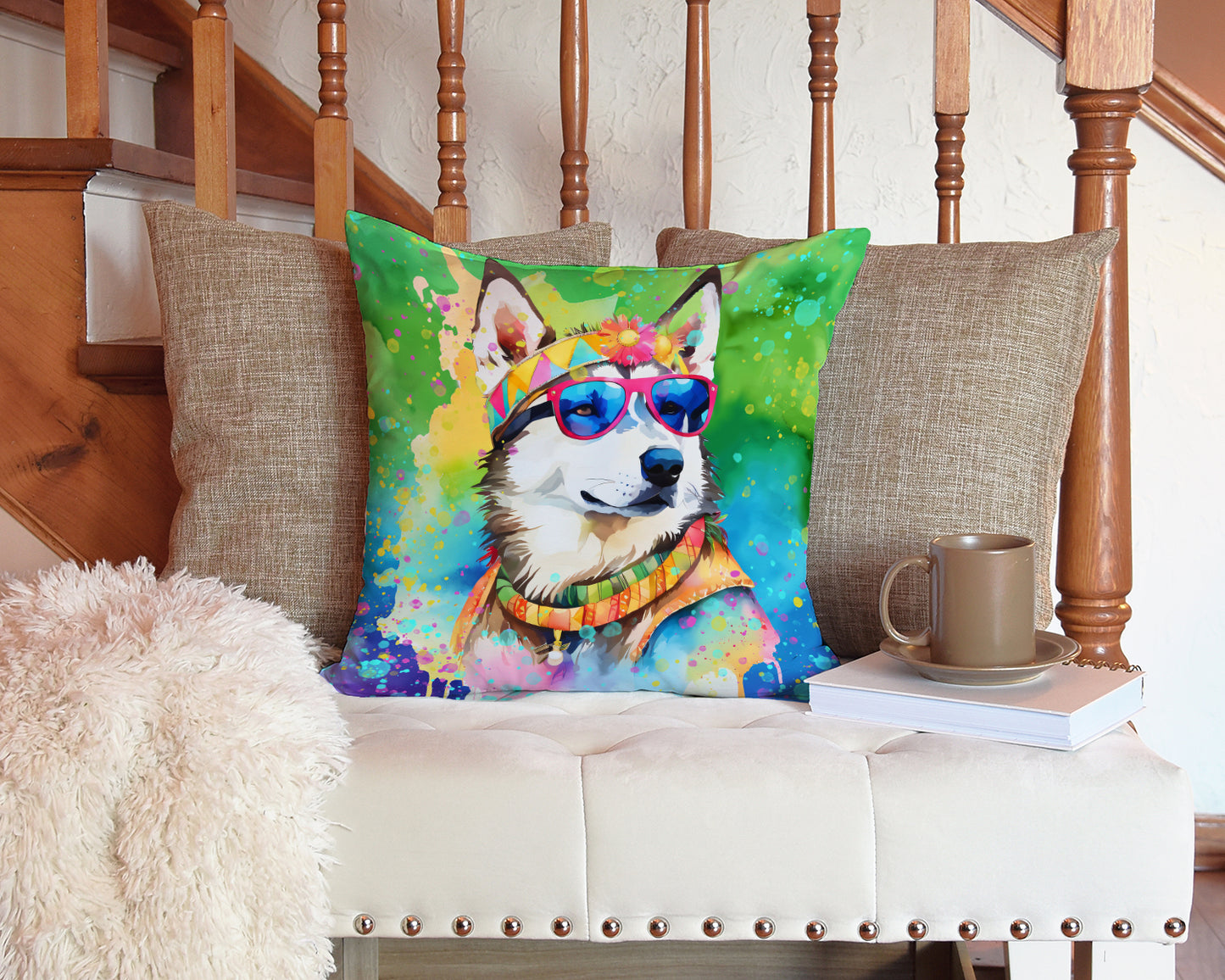 Siberian Husky Hippie Dawg Throw Pillow