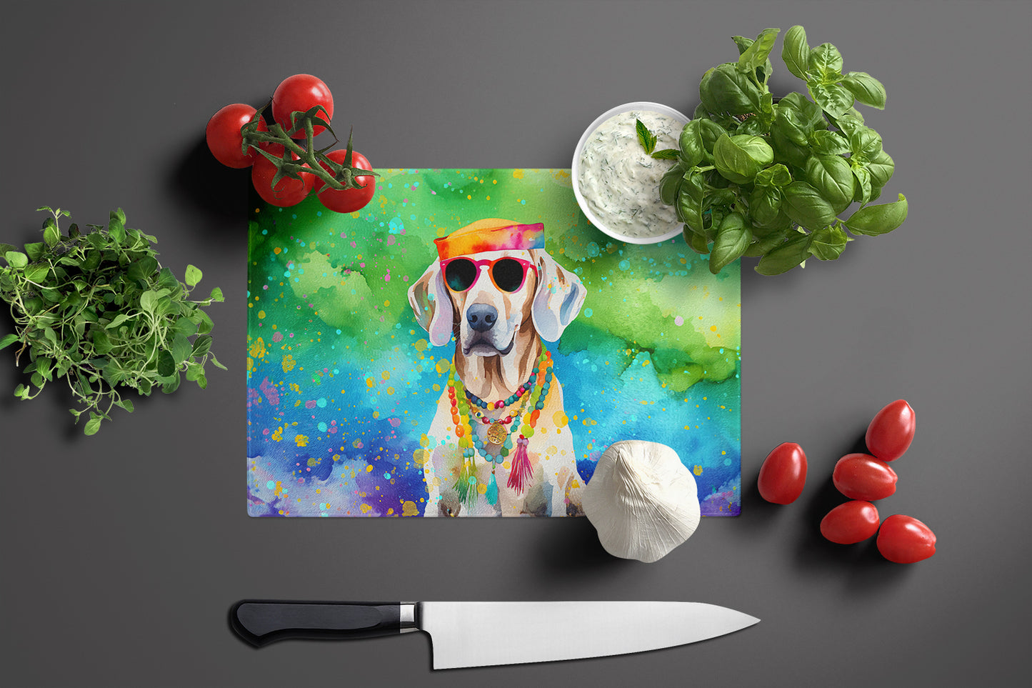 Weimaraner Hippie Dawg Glass Cutting Board