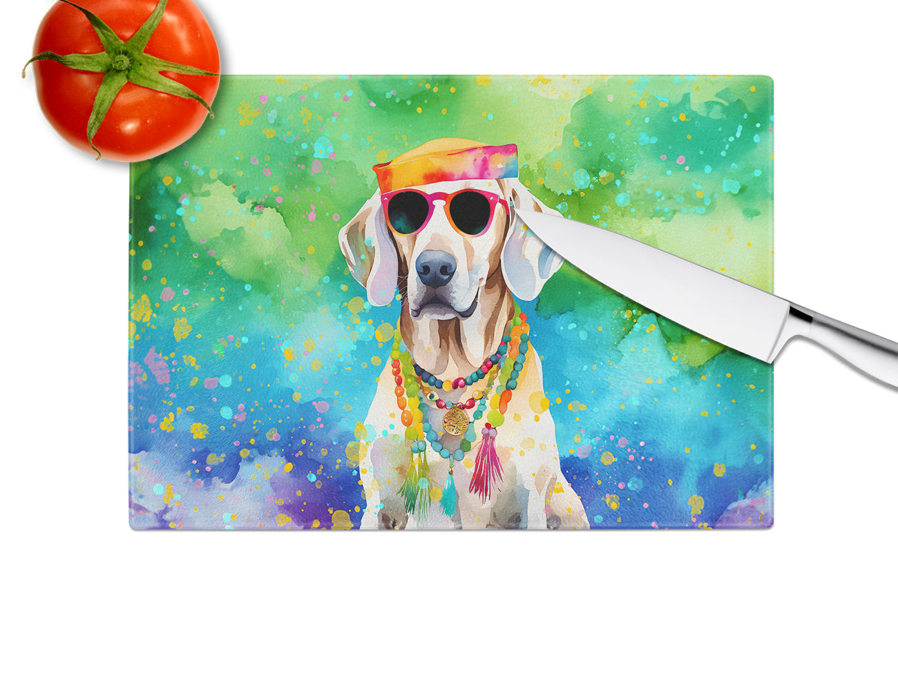 Weimaraner Hippie Dawg Glass Cutting Board