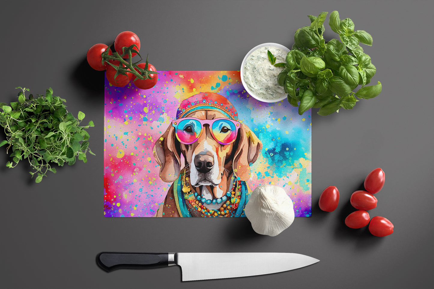 Weimaraner Hippie Dawg Glass Cutting Board