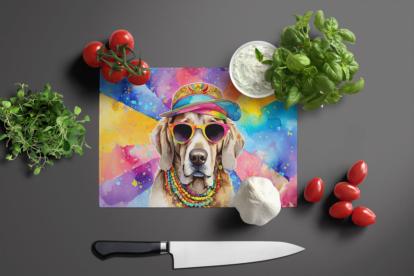 Weimaraner Hippie Dawg Glass Cutting Board