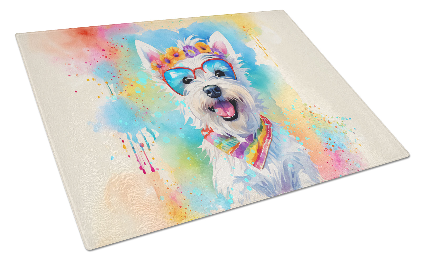 Buy this Westie Hippie Dawg Glass Cutting Board