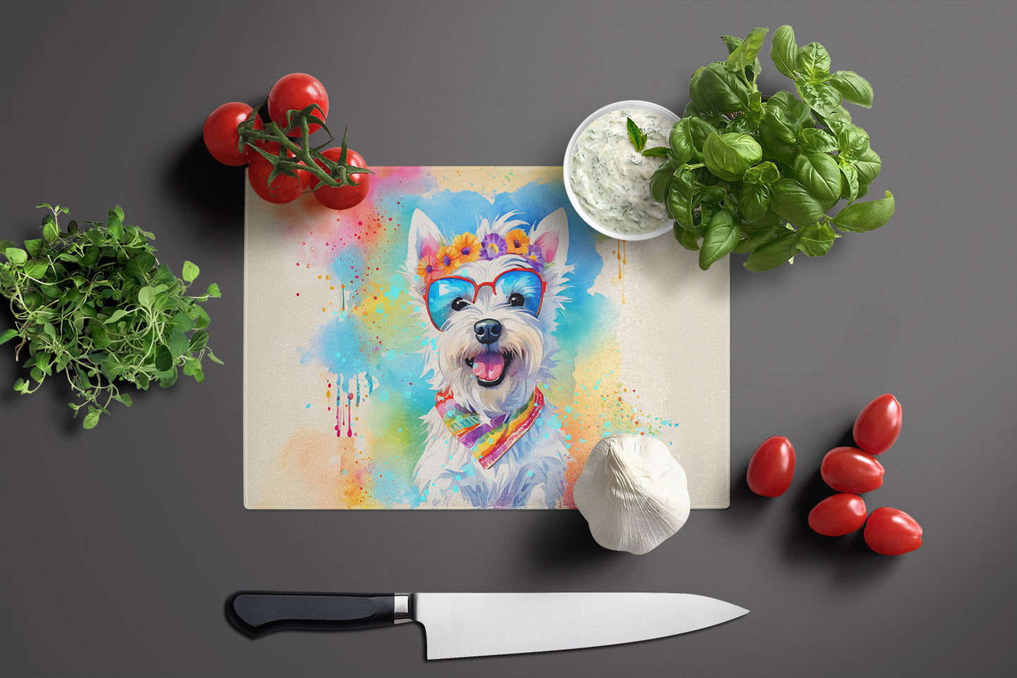 Westie Hippie Dawg Glass Cutting Board