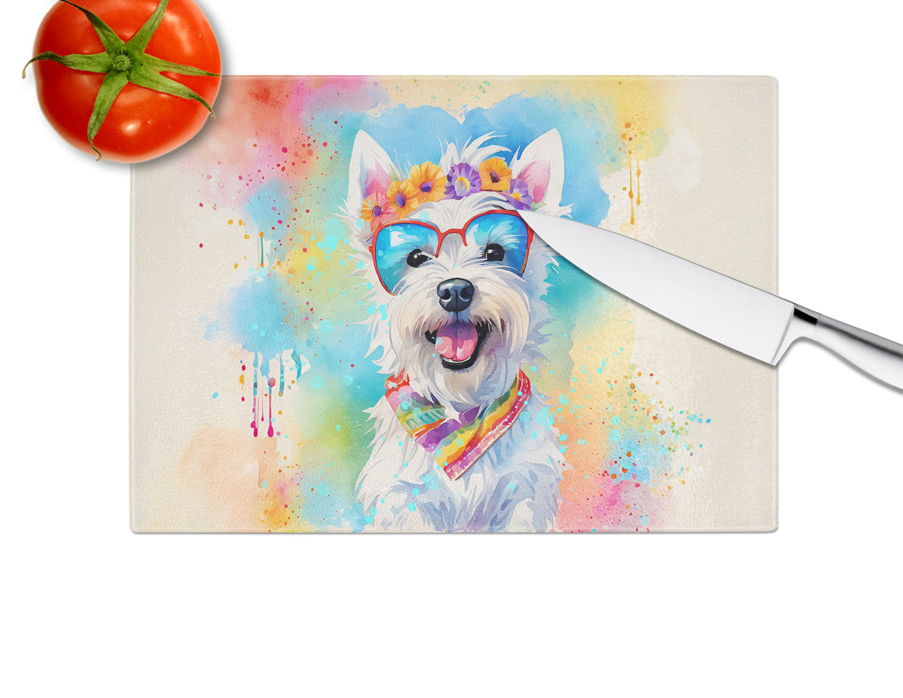 Westie Hippie Dawg Glass Cutting Board