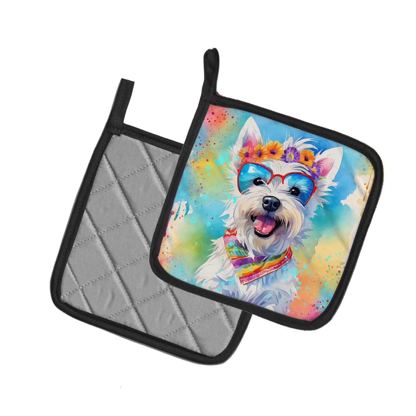 Westie Hippie Dawg Pair of Pot Holders