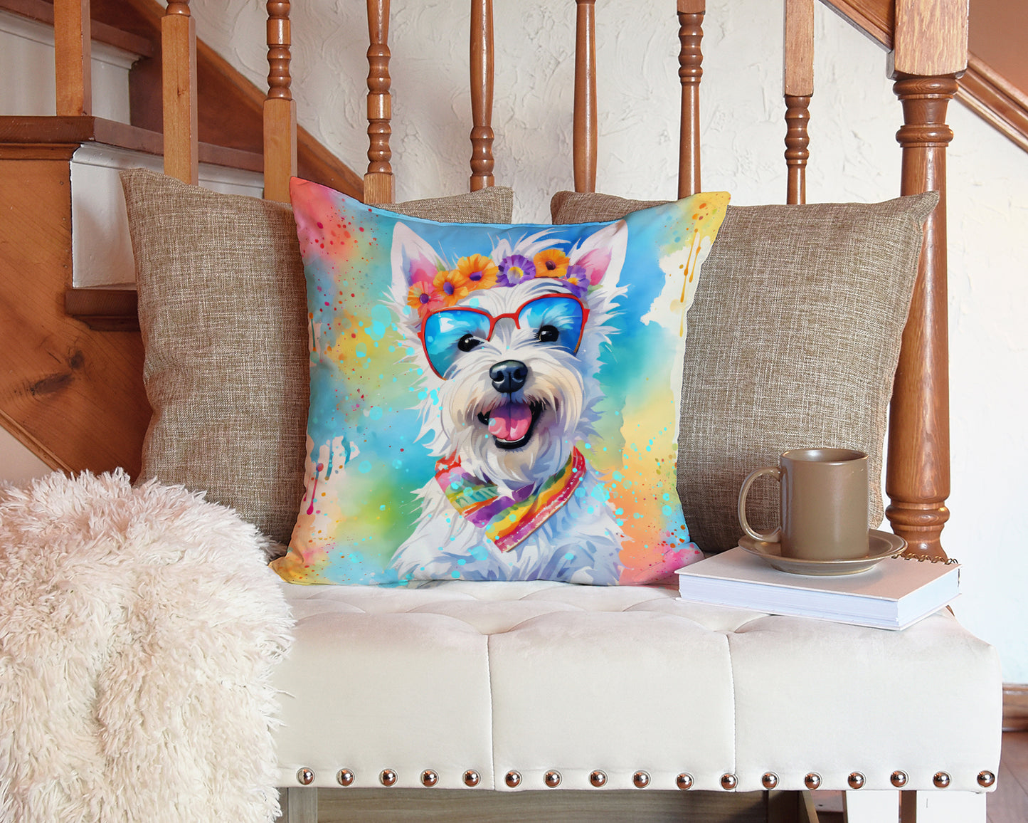 Westie Hippie Dawg Throw Pillow