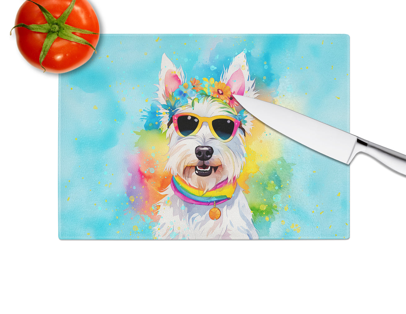 Westie Hippie Dawg Glass Cutting Board