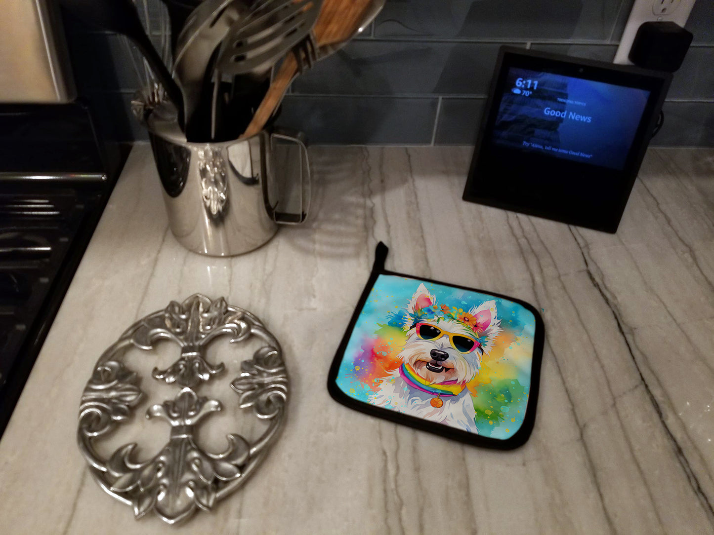Westie Hippie Dawg Pair of Pot Holders