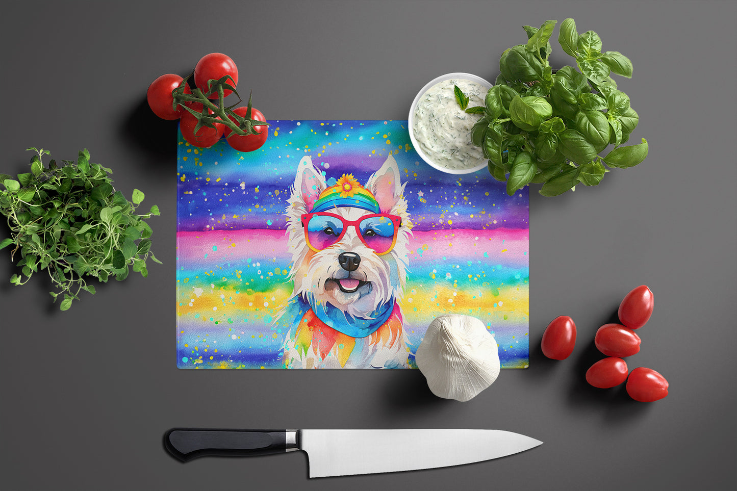 Westie Hippie Dawg Glass Cutting Board