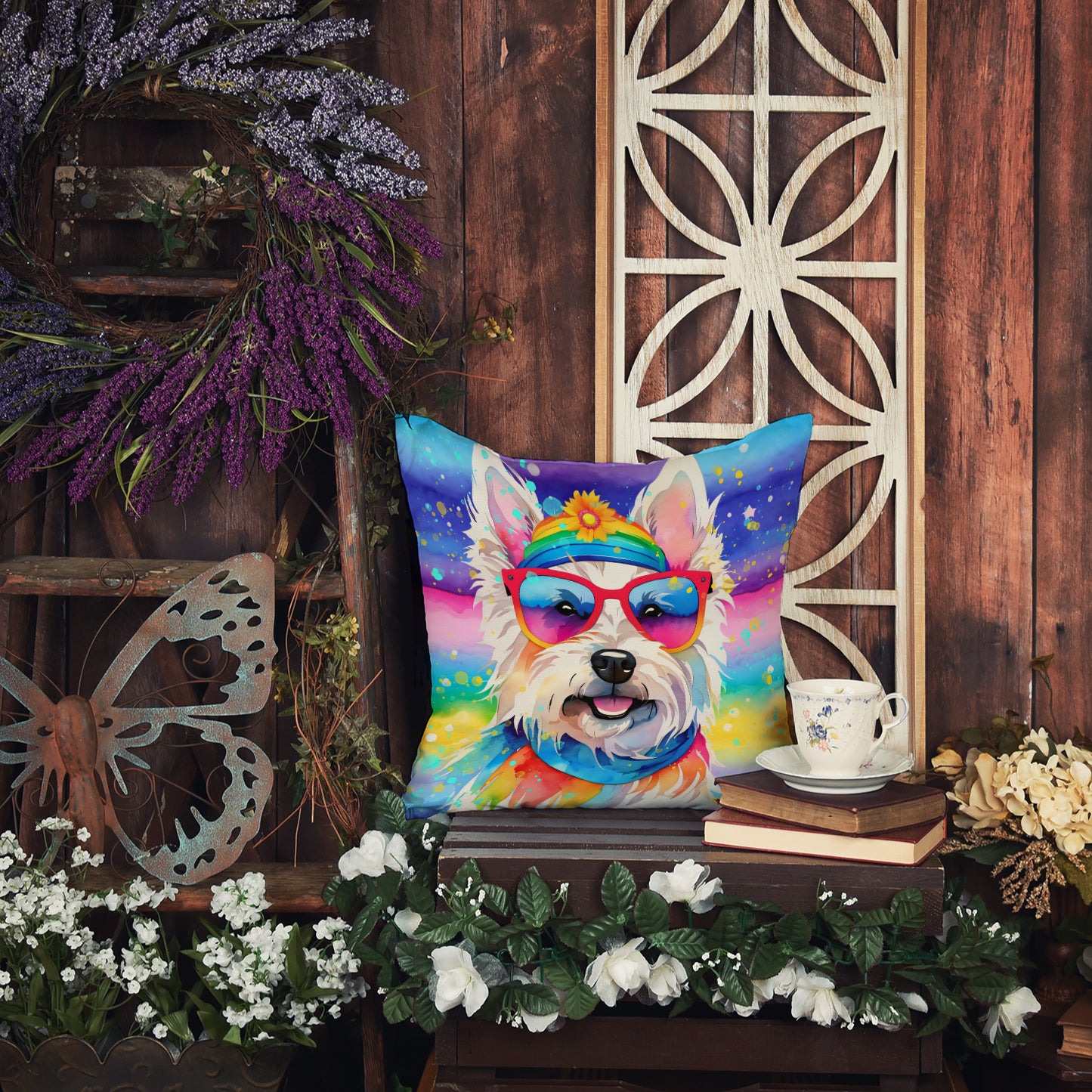 Westie Hippie Dawg Throw Pillow