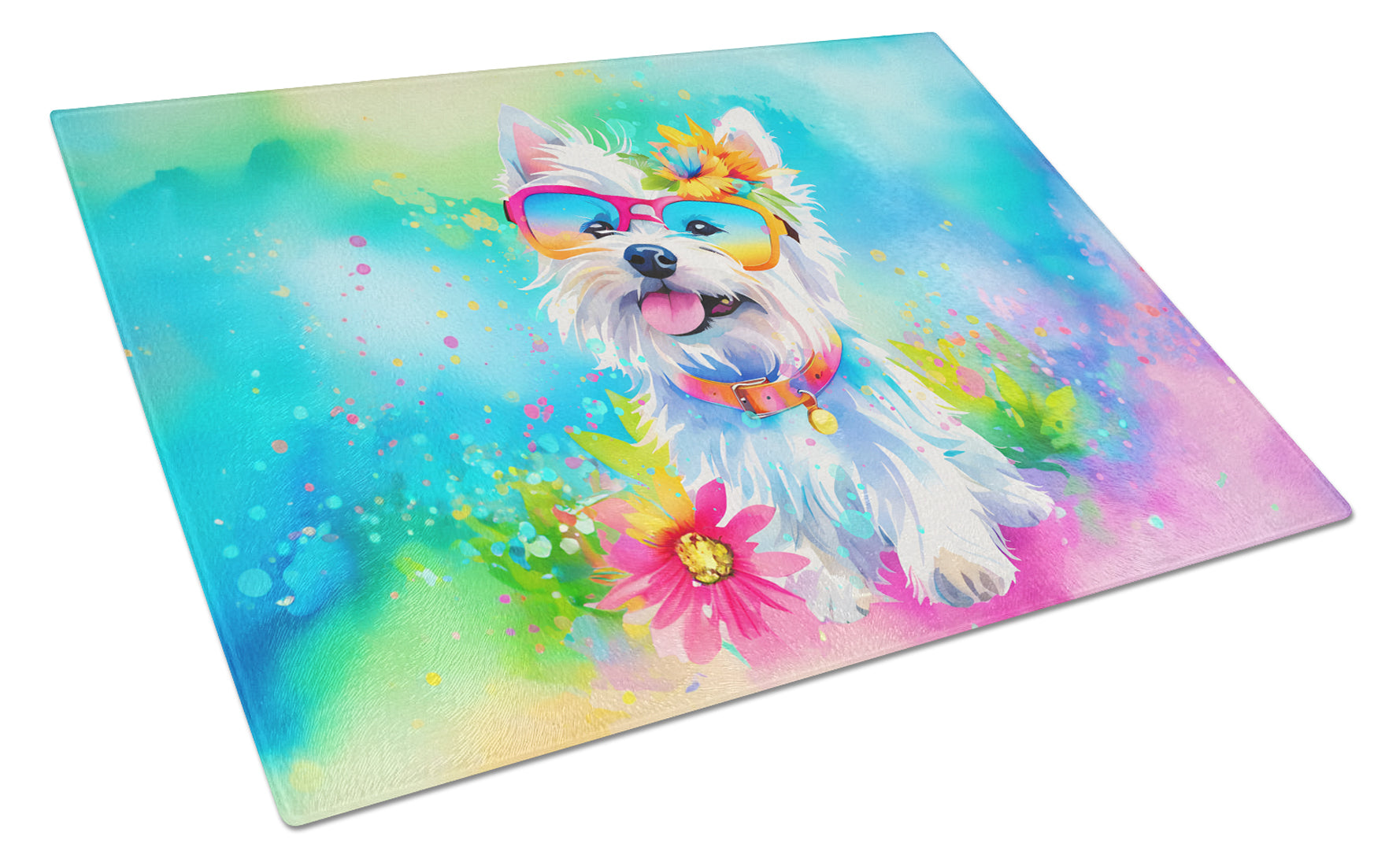 Buy this Westie Hippie Dawg Glass Cutting Board