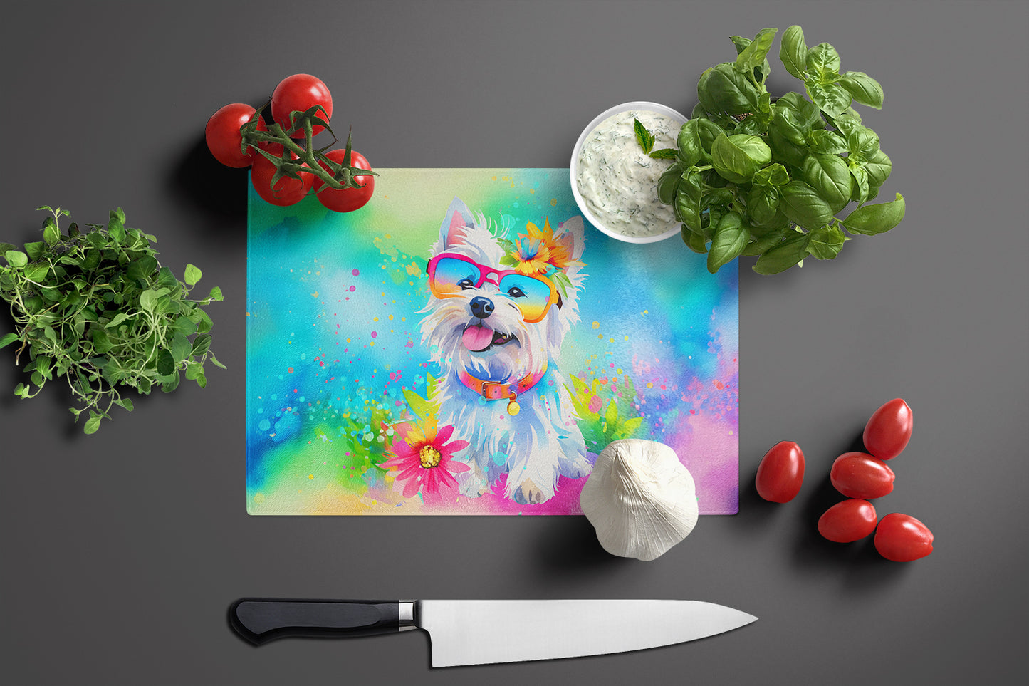 Westie Hippie Dawg Glass Cutting Board