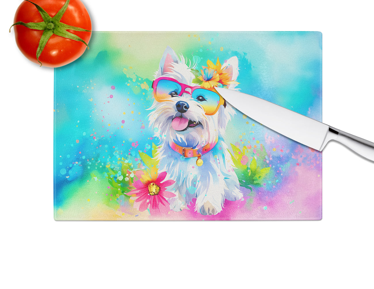 Westie Hippie Dawg Glass Cutting Board