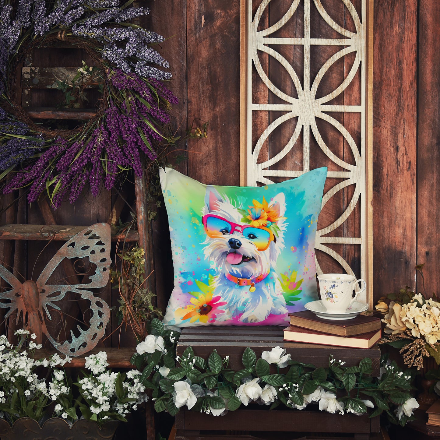 Westie Hippie Dawg Throw Pillow