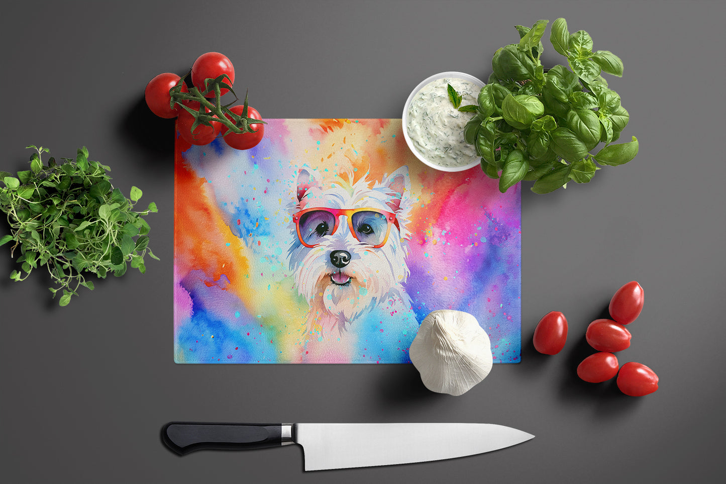 Westie Hippie Dawg Glass Cutting Board