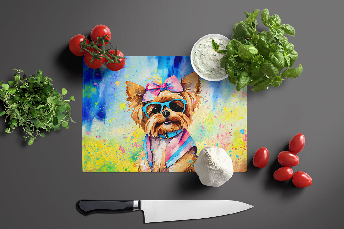 Yorkshire Terrier Hippie Dawg Glass Cutting Board