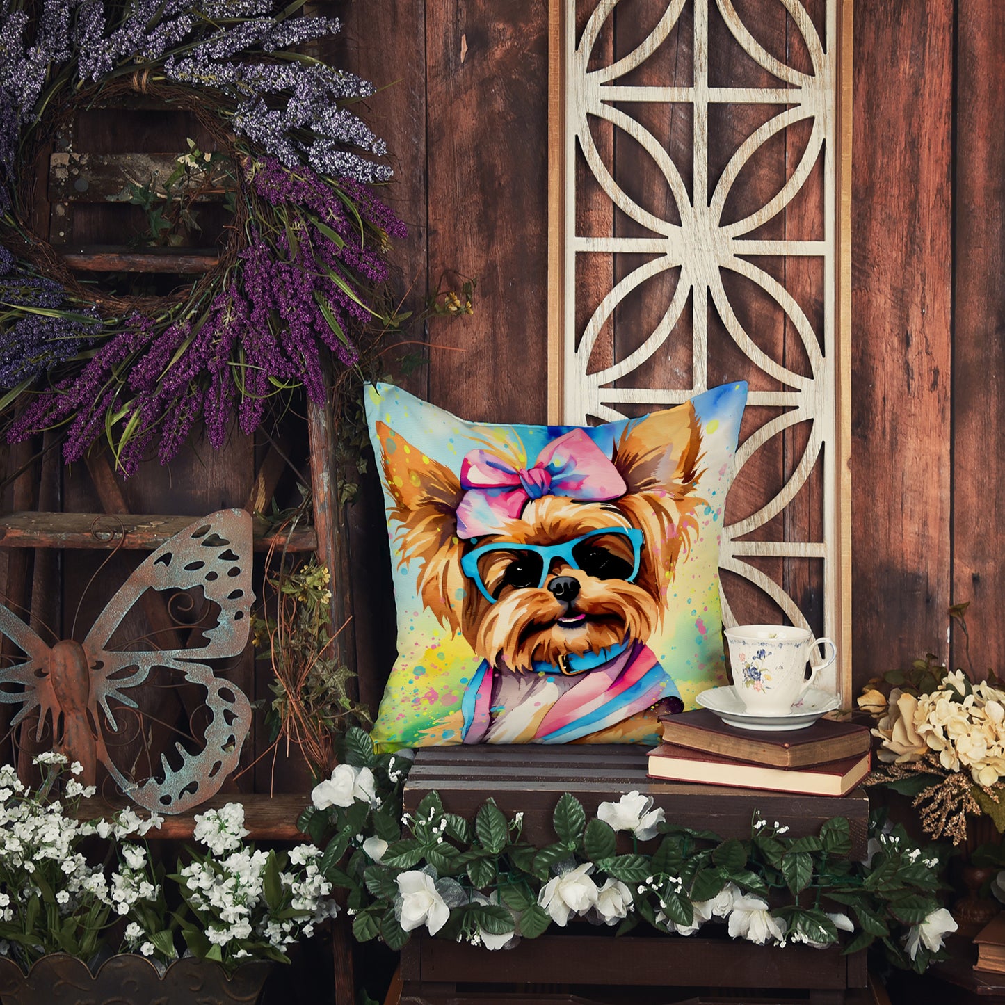 Yorkshire Terrier Hippie Dawg Throw Pillow