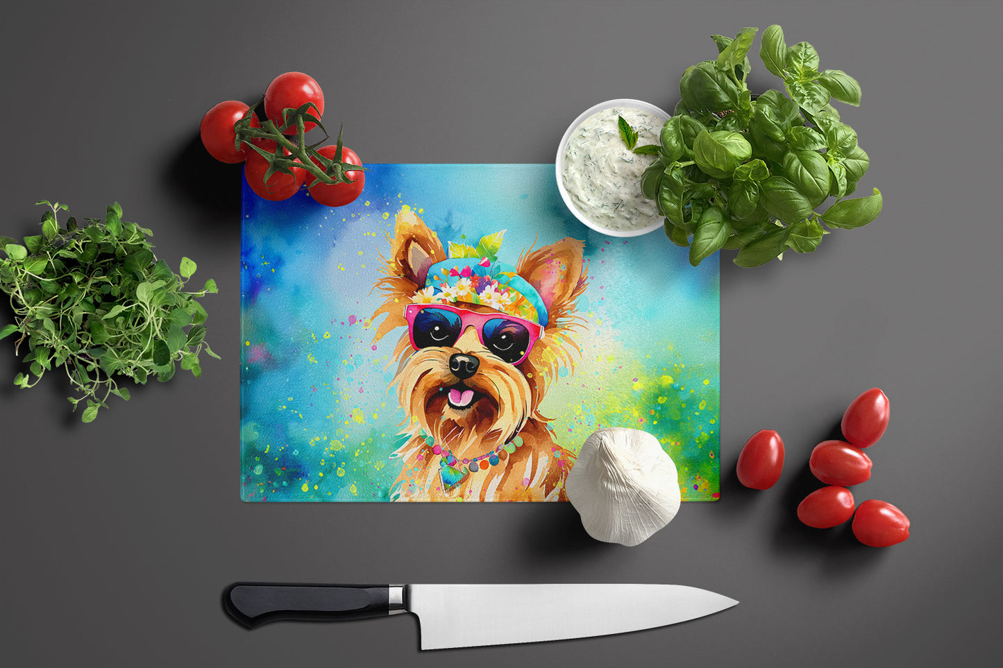 Yorkshire Terrier Hippie Dawg Glass Cutting Board