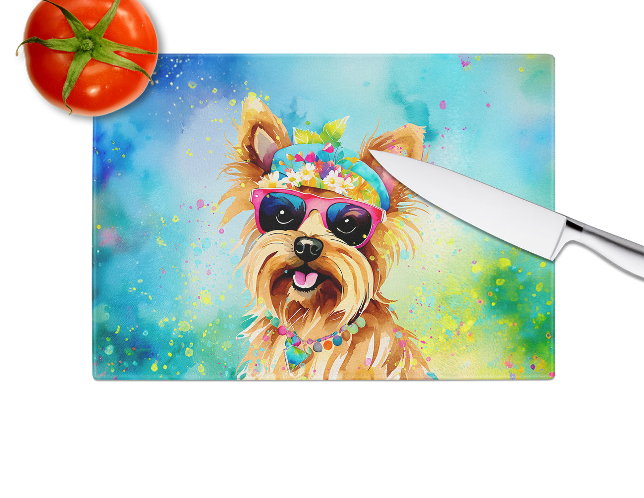 Yorkshire Terrier Hippie Dawg Glass Cutting Board