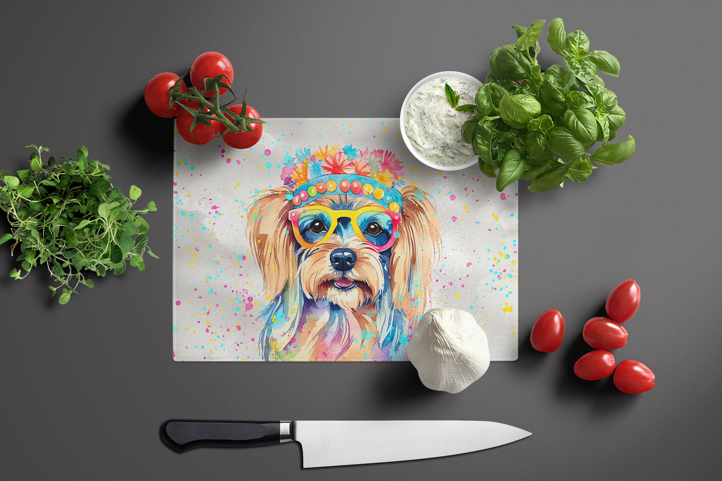 Yorkshire Terrier Hippie Dawg Glass Cutting Board