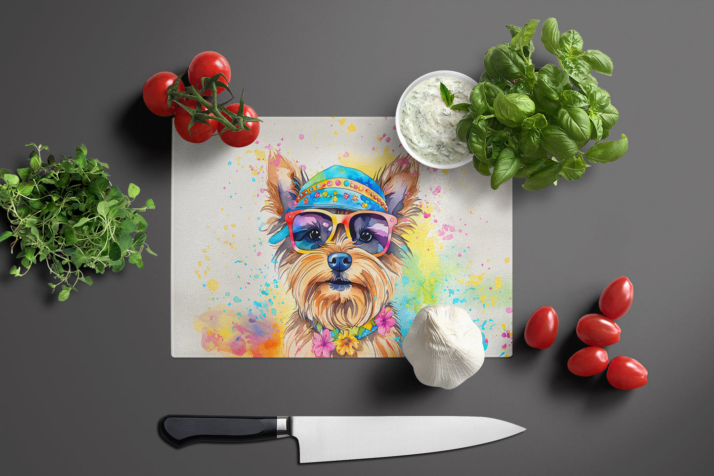 Yorkshire Terrier Hippie Dawg Glass Cutting Board