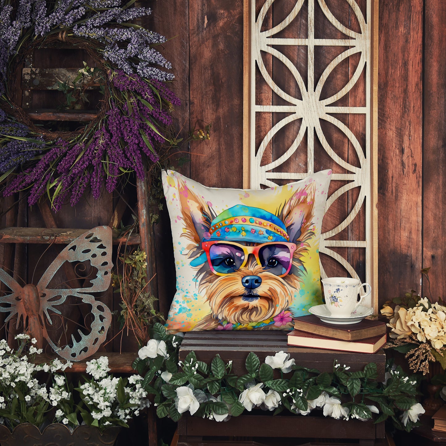 Yorkshire Terrier Hippie Dawg Throw Pillow