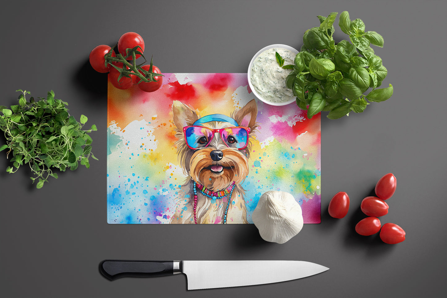 Yorkshire Terrier Hippie Dawg Glass Cutting Board