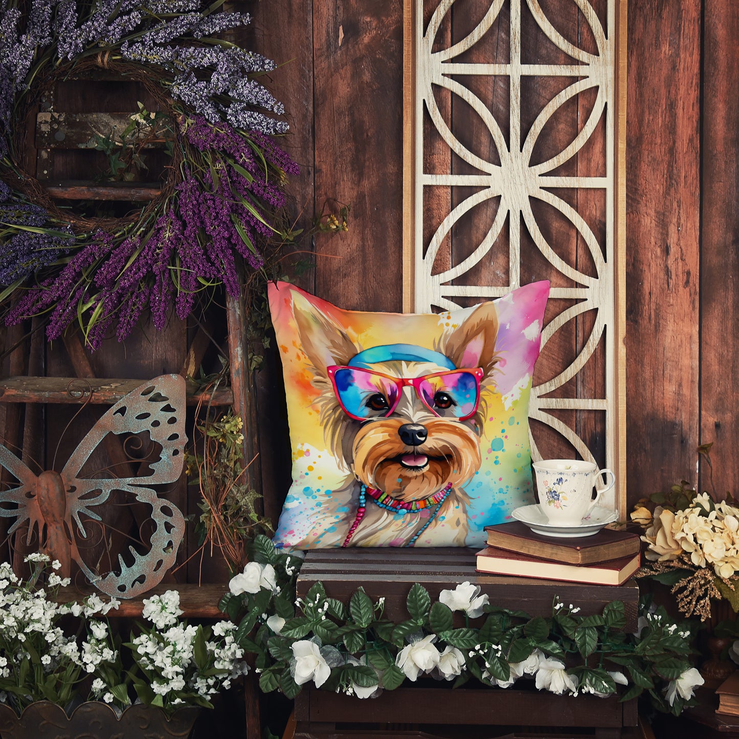 Yorkshire Terrier Hippie Dawg Throw Pillow