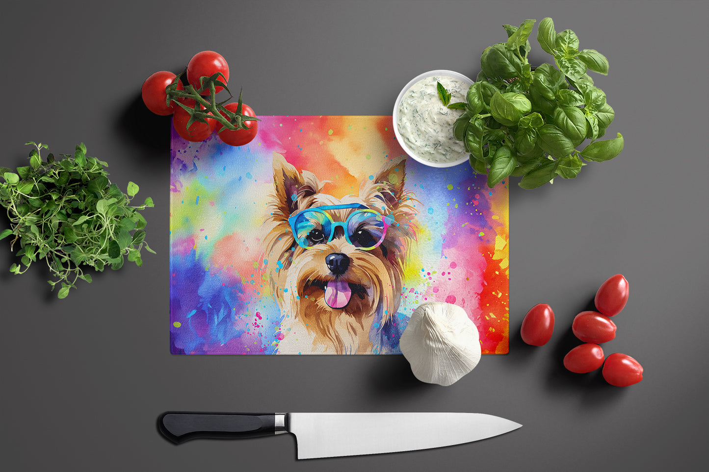 Yorkshire Terrier Hippie Dawg Glass Cutting Board