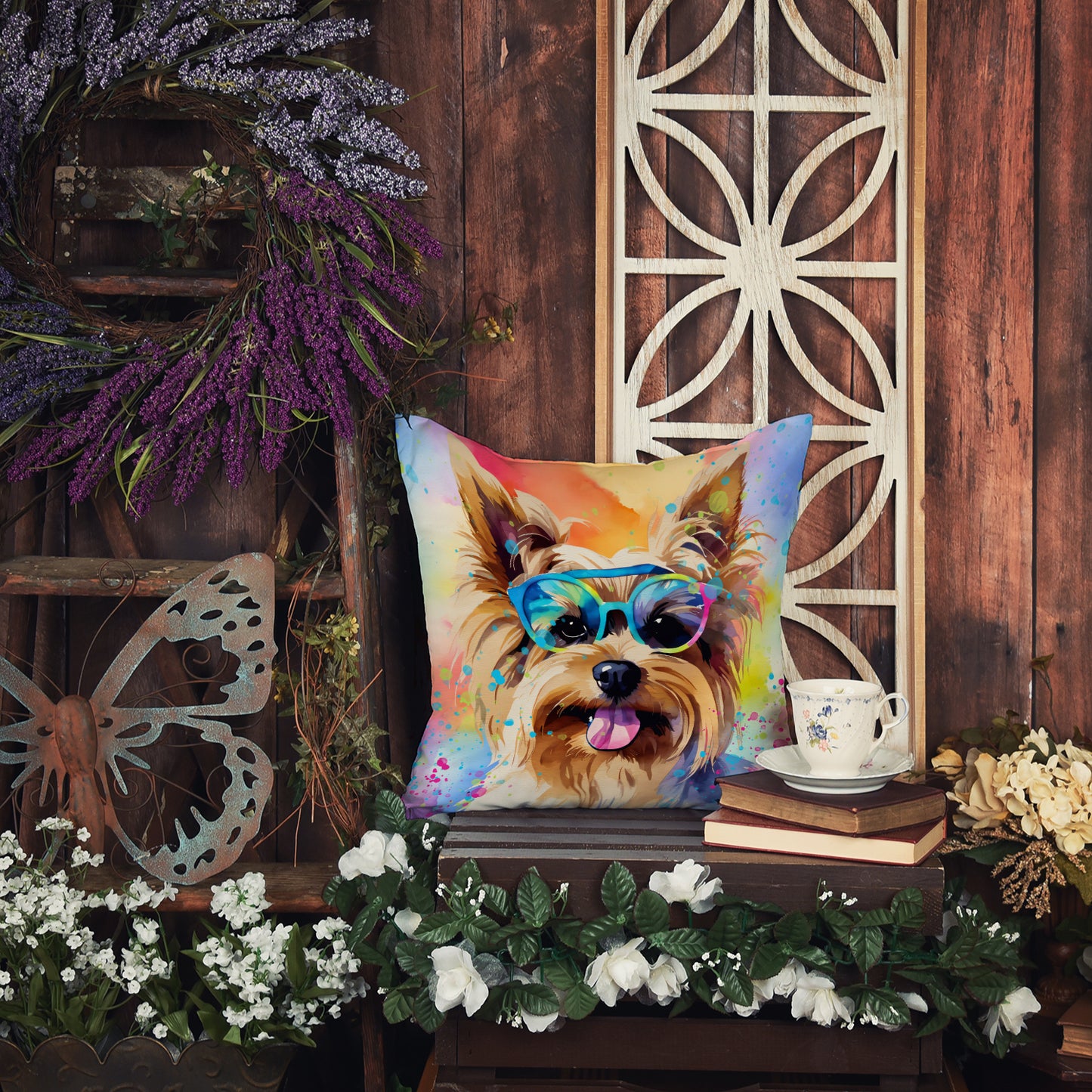 Yorkshire Terrier Hippie Dawg Throw Pillow