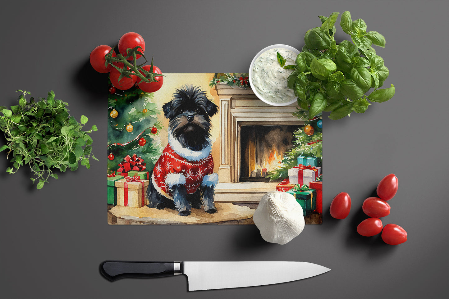 Affenpinscher Cozy Christmas Glass Cutting Board