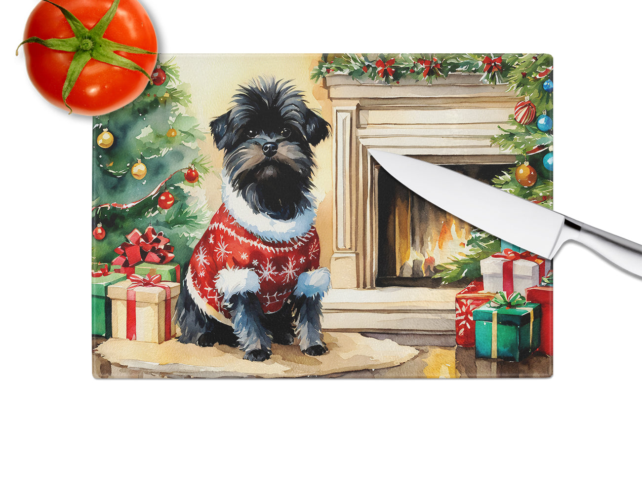 Affenpinscher Cozy Christmas Glass Cutting Board