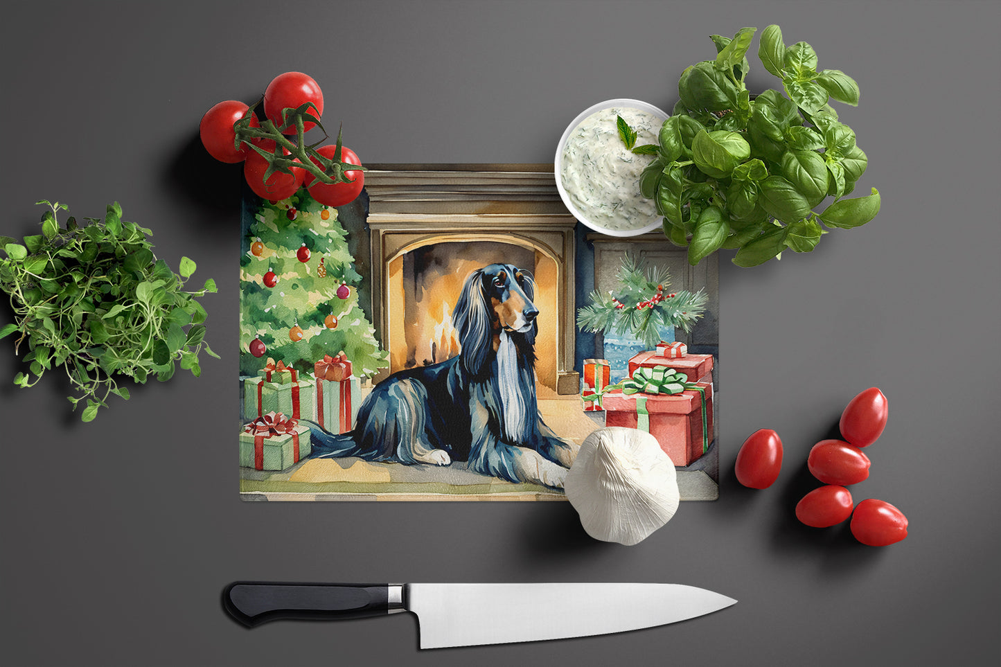 Afghan Hound Cozy Christmas Glass Cutting Board