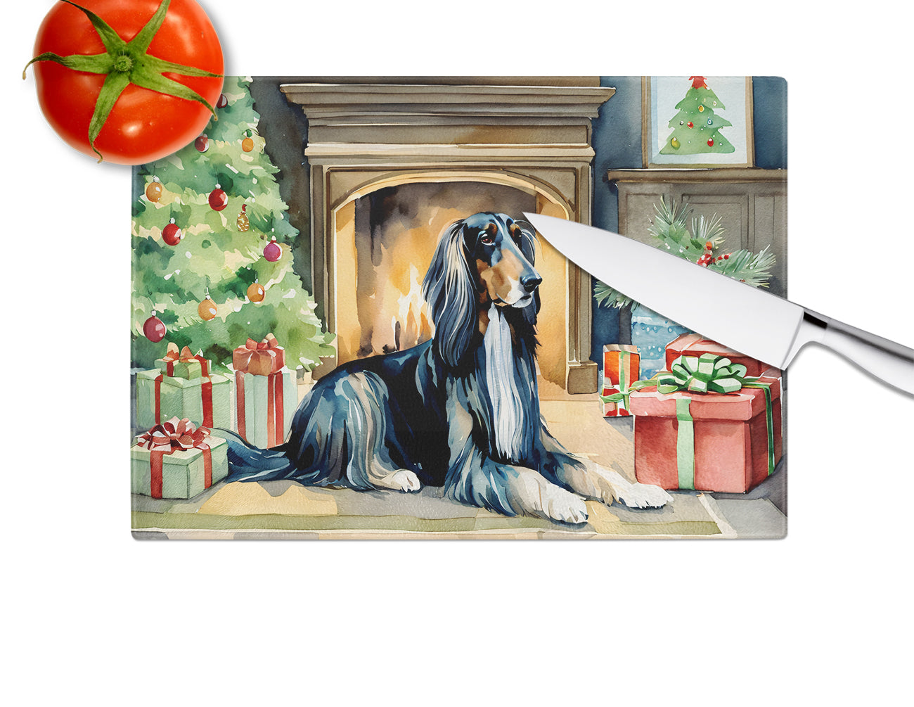 Afghan Hound Cozy Christmas Glass Cutting Board